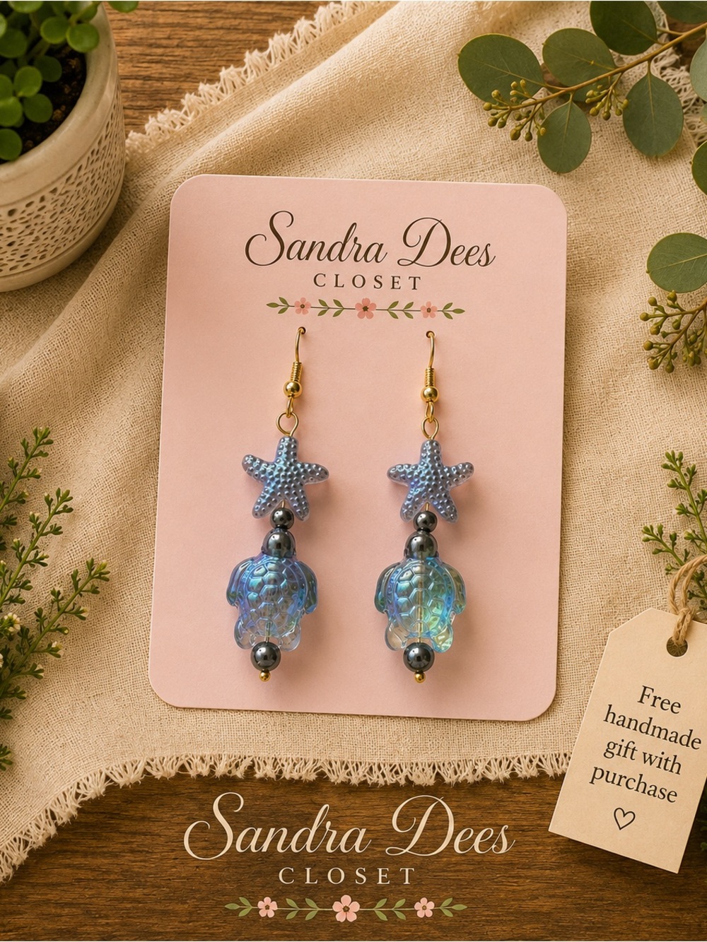 Sandra Dees Closet Iridescent Blue Starfish & Turtle Drop Earrings